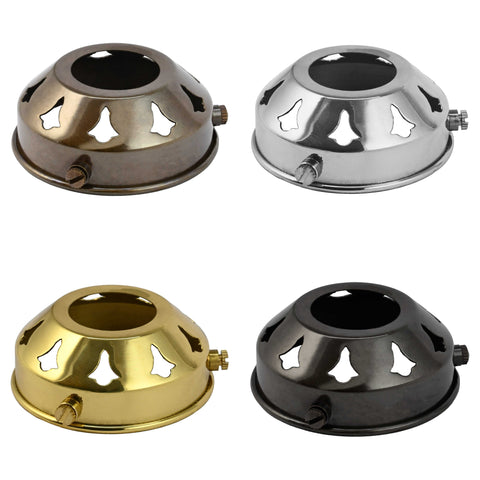 Four decorative metal lamp holders in antique brass, chrome, gold, and black finishes for pendant lights