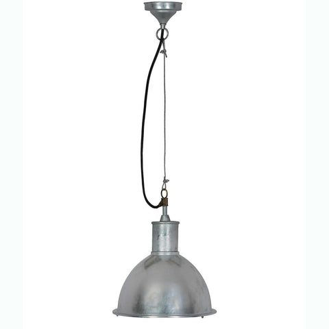 St Ives Bay Outdoor Pendant Light with galvanised steel dome shade and adjustable cables for outdoor industrial lighting.