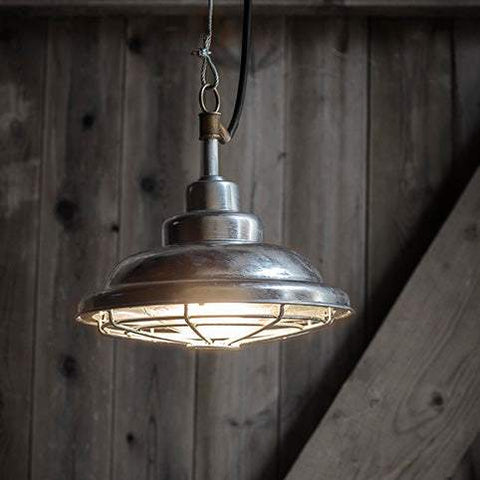 St Ives Mariner Pendant Light with galvanized steel shade and cage, industrial nautical design, weatherproof outdoor pendant lamp