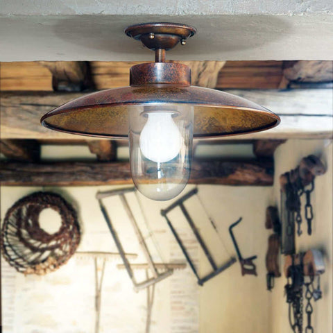 Nabucco Outdoor Ceiling Light with aged copper and brass finish, rustic ceiling pendant light for porches and patios