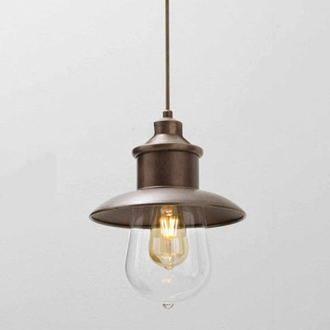 Guinguette outdoor aged brass pendant light with clear glass shade and vintage filament bulb