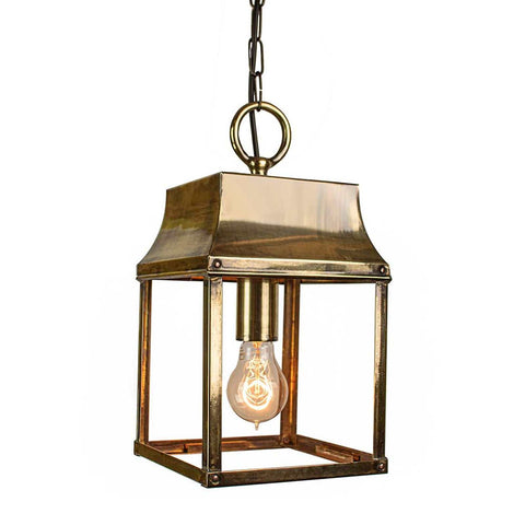 Kingsley Outdoor Hanging Lantern in solid brass with a vintage French farmhouse design and exposed bulb for outdoor use