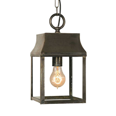 Kingsley Outdoor Hanging Lantern in solid brass with vintage-style open frame design and exposed bulb for outdoor porch or patio lighting