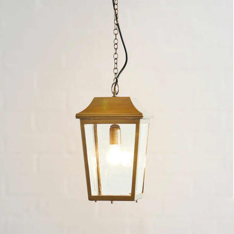 Pooky Crail Lantern outdoor hanging brass lantern with bevelled glass panels and pendant chain light