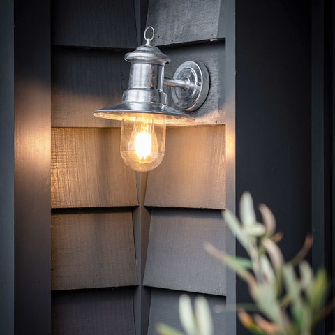 St Ives Outdoor Ships Light hot-dipped galvanized steel wall light with vintage glass shade on exterior wall