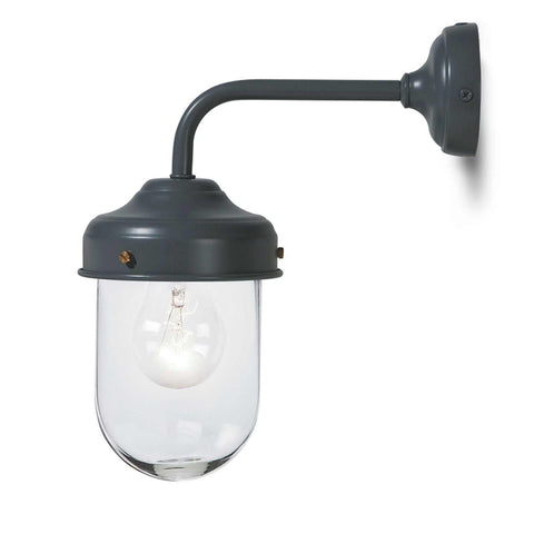 Carbon-colored Barn Outdoor Wall Light with glass cover and steel arm mount for outdoor use