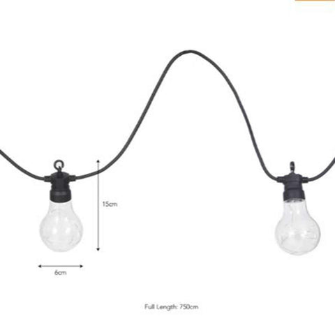 Solar Festoon 20 Bulb black string lights with clear warm white bulbs and 7.5m total length for outdoor use