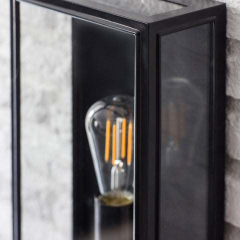 Belgrave Outdoor Lantern tall clear glass wall light with off-black carbon steel frame and vintage-style bulb