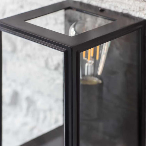 Belgrave Outdoor Lantern small black metal and glass outdoor wall light with modern design and exposed filament bulb