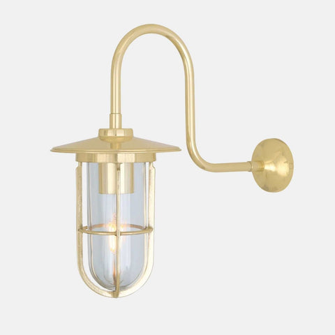 Denham Outdoor Swan Neck Wall Light in antique brass with glass shade and brass cage, weather-resistant outdoor lighting fixture