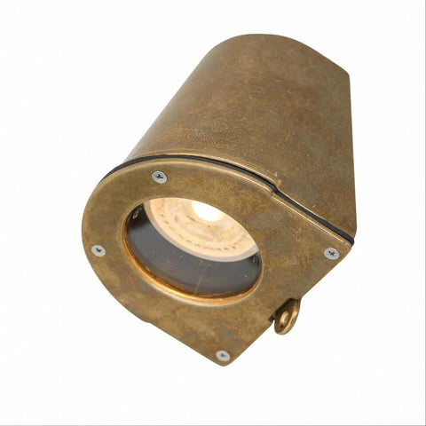 Wade Outdoor Spot Light in natural brass with a curved, vintage design and GU10 dimmable LED bulb for outdoor use