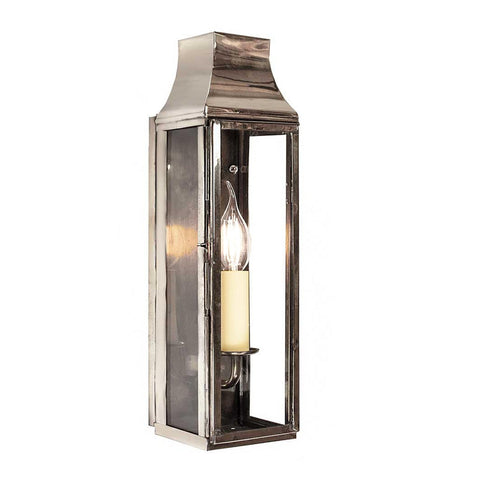 Kingsley Outdoor Slim Wall Lantern in polished nickel finish with vintage candle-style bulb and clear glass panels