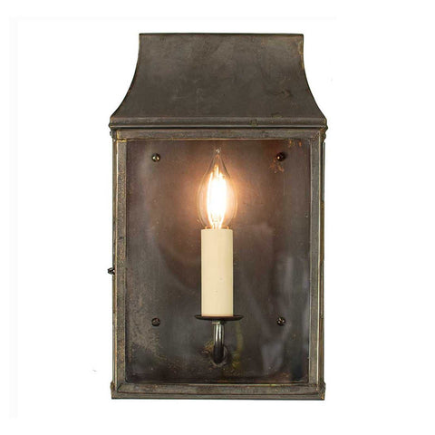 Kingsley Outdoor Wall Lantern in weather-resistant solid brass with vintage candle-style bulb and rustic French farmhouse design