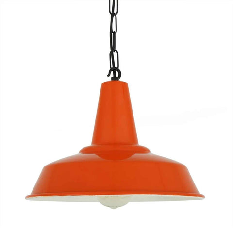 Orange industrial-style Salton Pendant Light with powder-coated aluminum shade and black chain suspension