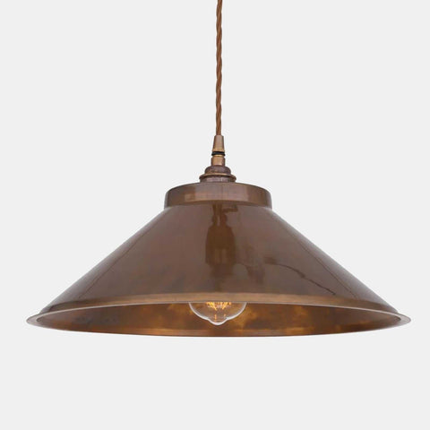 Elmstone Brass Pendant Light with vintage-inspired brass Coolie shade and wide light dispersion