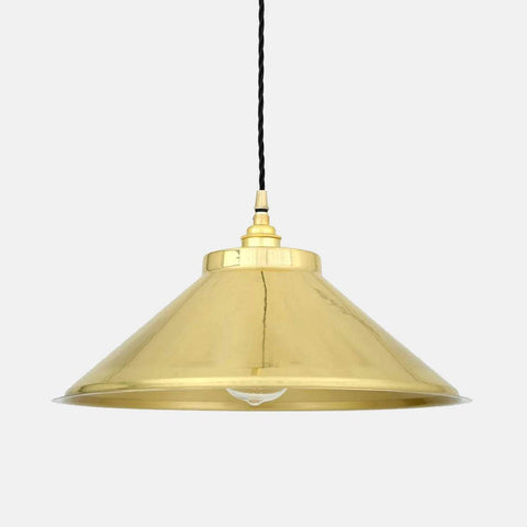 Elmstone Brass Pendant Light with vintage-inspired brass Coolie shade and twisted black cord