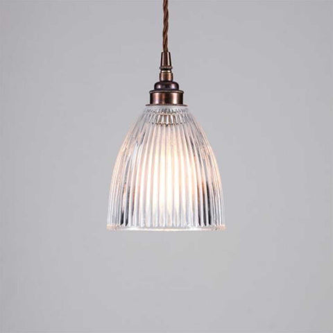 Small Strand Prismatic Glass pendant light with ribbed glass shade and bronze fixture