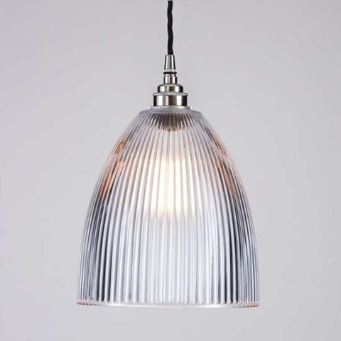The Strand Prismatic Glass Pendant Light medium with bell-shaped ribbed glass shade and vintage design