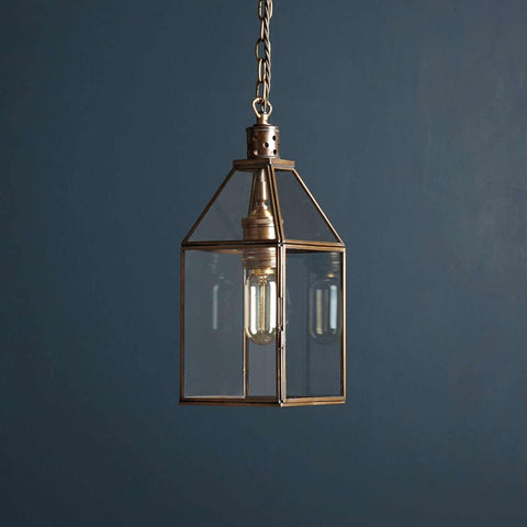 Pooky Carrington Lantern small vintage style pendant light with antique brass frame and glass panels