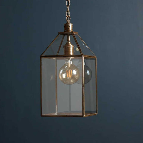 Pooky Carrington Lantern large vintage style pendant light with antique brass frame and glass panels hanging from chain