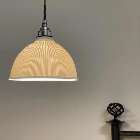 Denton Medium Ribbed ceramic pendant light with handcrafted porcelain shade and soft warm light diffusion