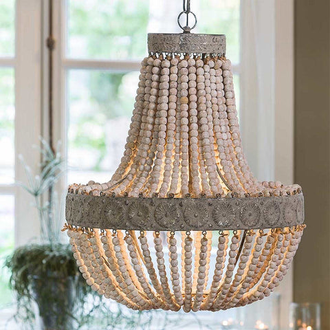 Large Luna wooden beaded pendant light chandelier with handcrafted wooden beads and painted metal frame in vintage shabby chic style