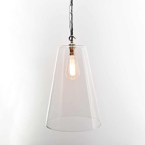 Newbury Extra Large clear tapered glass shade pendant light with adjustable chain and vintage bulb