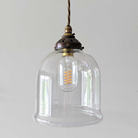 Hythe Clear Hand-Blown Glass Pendant Light with bell-shaped clear glass shade and vintage filament bulb