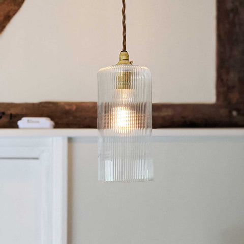 Brook Small Ribbed Glass Shade pendant light with adjustable flex and vintage-style ribbed glass shade