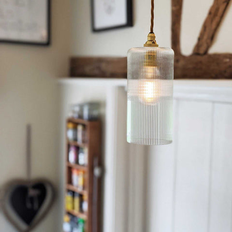 Brook Small Ribbed Glass Shade pendant light with vintage ribbed glass design and adjustable height in a classic interior setting