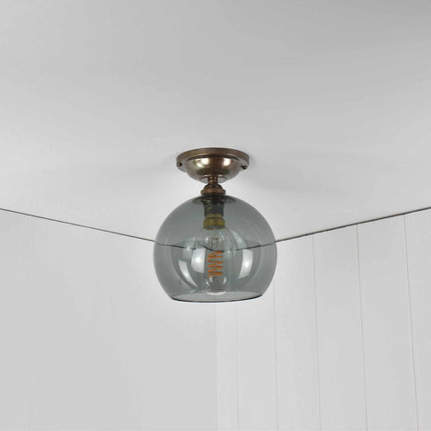 Soho small smoked glass shade flush ceiling light with bronze fitting and hand-blown smoked glass globe shade