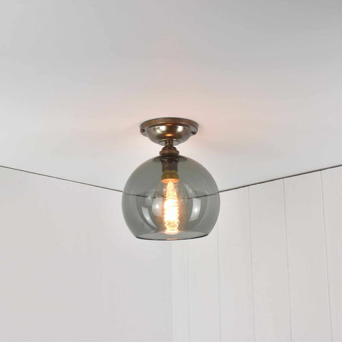 Soho small smoked glass shade flush ceiling light with hand-blown glass and warm diffuser