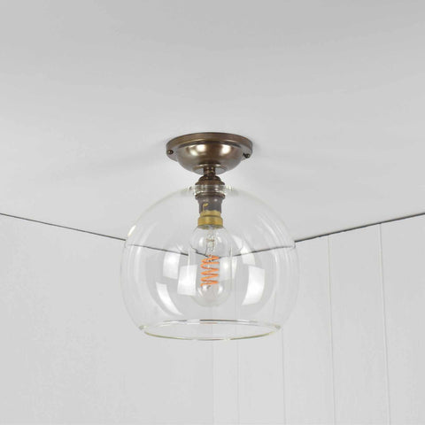 Soho medium clear glass globe flush ceiling light with vintage bulb and brushed metal fixture