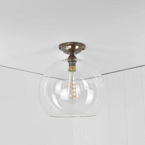 Soho large clear glass shade flush ceiling light with hand-blown British glass and vintage-style filament bulb