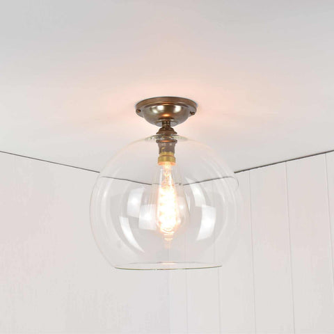 Soho large clear glass shade flush ceiling light with hand-blown British glass and brass fittings