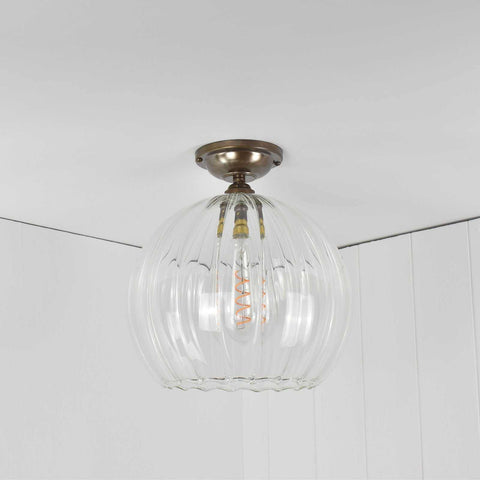 Soho large ribbed glass shade flush ceiling light with clear ribbed glass and antique brass fitting