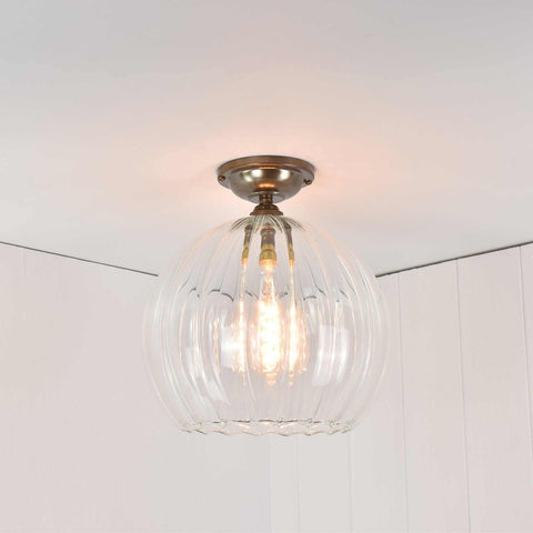 Soho large ribbed glass shade flush ceiling light with hand-blown ribbed glass and brass fittings for low ceilings