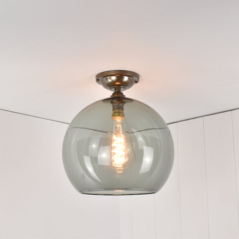 Soho large smoked glass shade flush ceiling light with exposed bulb and bronze fittings