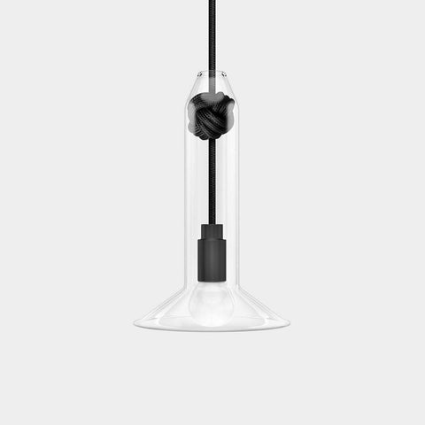 Contemporary small clear glass pendant light with hand-blown shade and black knot detail