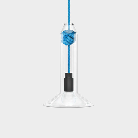 Contemporary small clear glass pendant light with hand-blown shade and blue knot detail