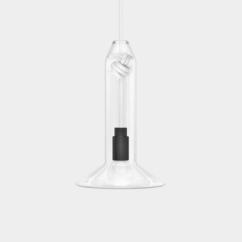 Contemporary small clear glass pendant light with hand-blown shade and decorative knot detail