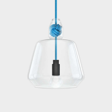 Contemporary large clear glass pendant light with blue rope knot and black bulb holder