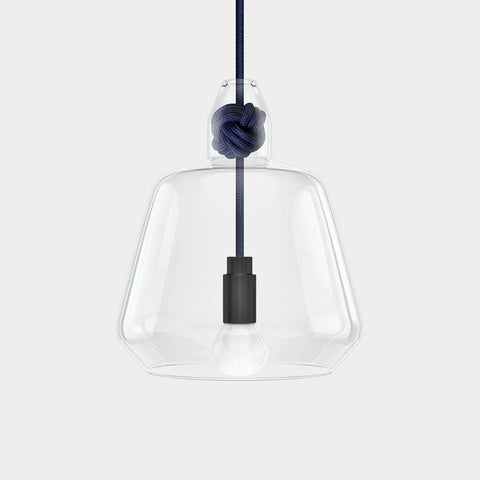 Contemporary large clear glass pendant light with hand-blown shade and decorative navy knot suspension