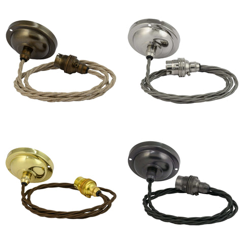 Rye Small Smoked Glass pendant light ceiling rose and braided flex in four metal finishes without glass shade