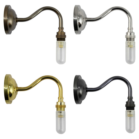 Set of four Camber small ribbed glass shade bathroom wall lights in bronze, chrome, gold, and black finishes with curved arms and cylindrical glass shades.