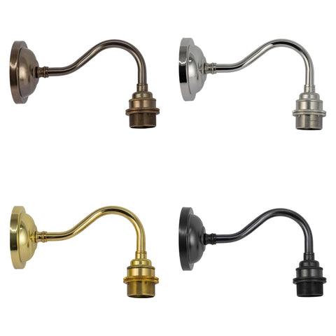 Langton Ceramic Shade Wall Light metal arm fixtures in bronze, silver, brass, and black finishes without shades