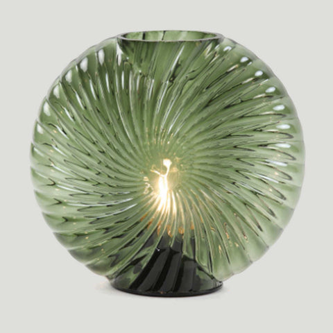 Salcombe Glass Cordless Table Lamp in green seashell-inspired glass design with soft glowing light