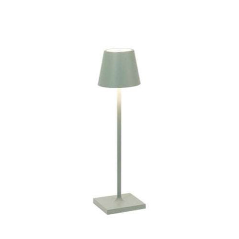 Zafferano Poldina Micro rechargeable sage green LED table lamp with modern design and waterproof rating.
