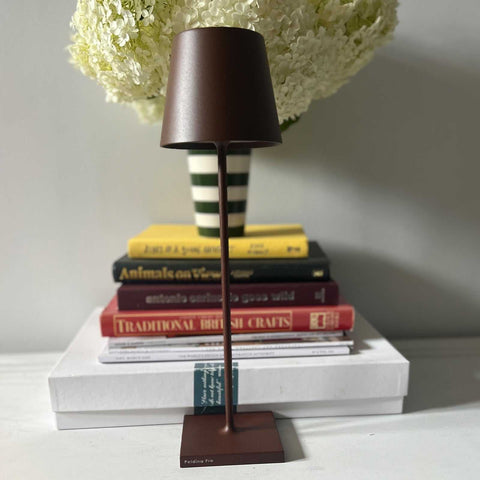 Zafferano Poldina Pro rechargeable rust-colored portable table lamp on white surface with books and flower background