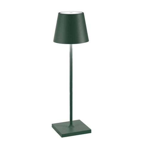 Zafferano Poldina Pro rechargeable dark green table lamp with sleek modern design and waterproof rating for indoor and outdoor use